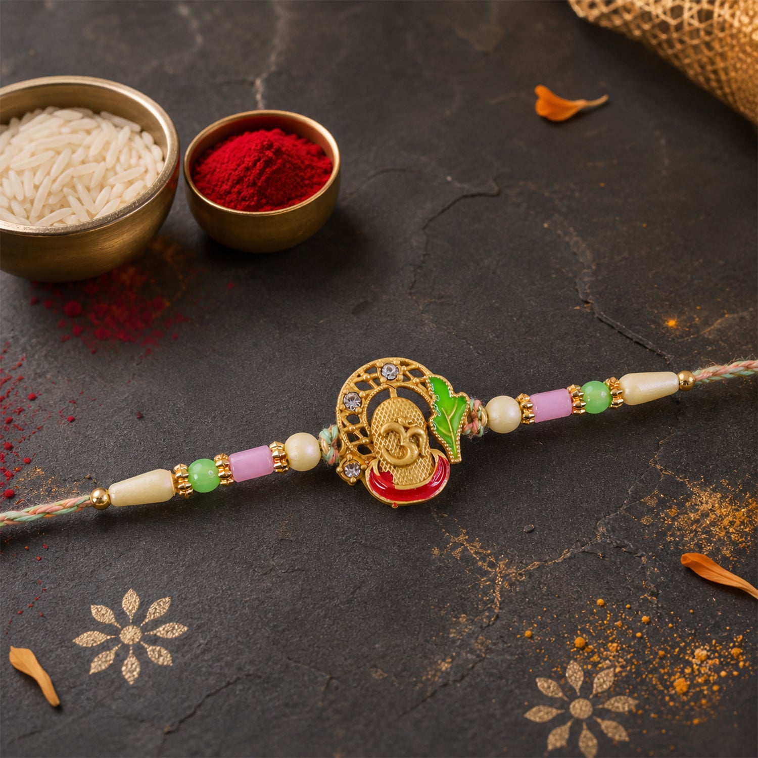 Textured Gold Om Pendant Rakhi with Leaf Accent and Pearl Beads