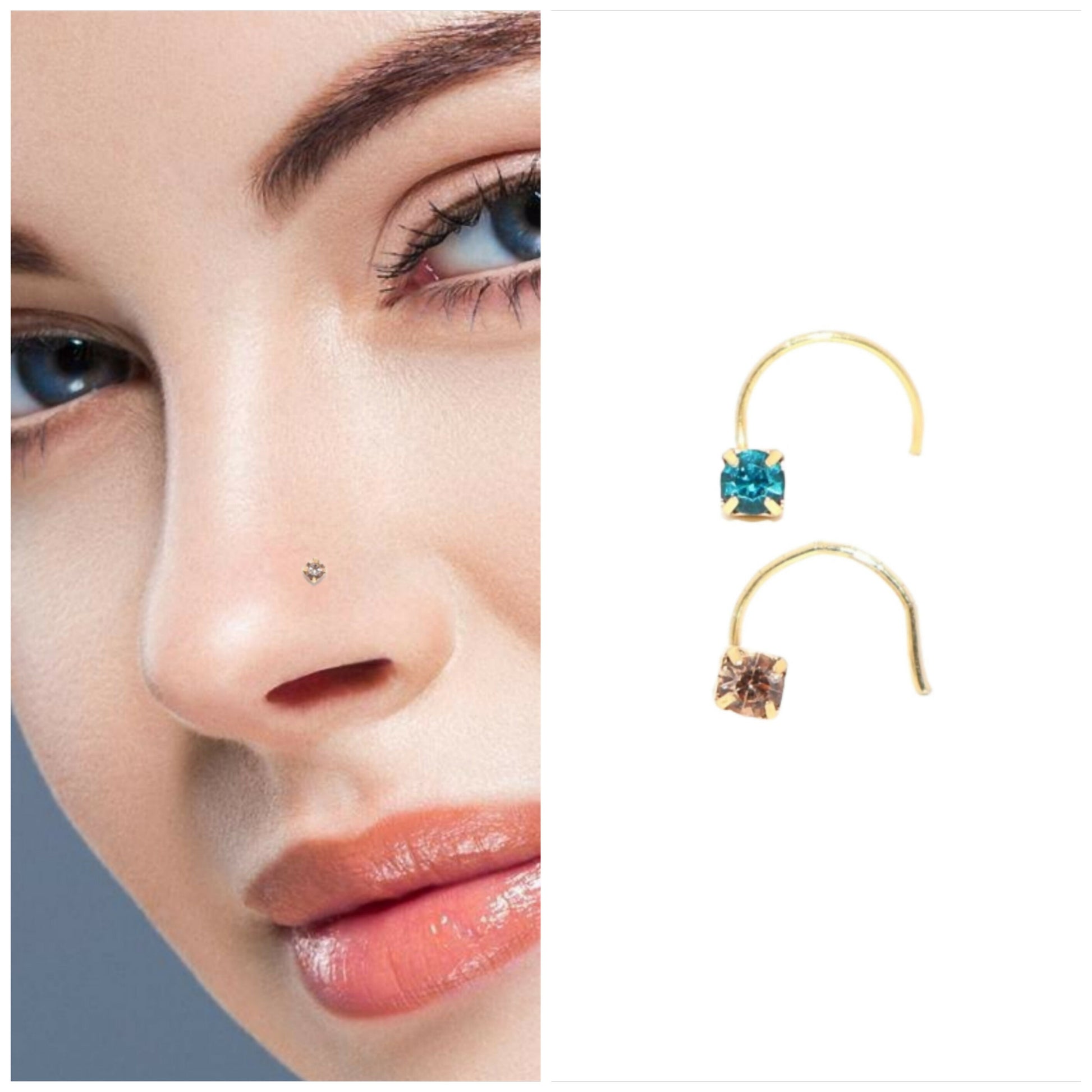 Close-up view of gold plated nosepin featuring Champagne Brown solitaire crystal