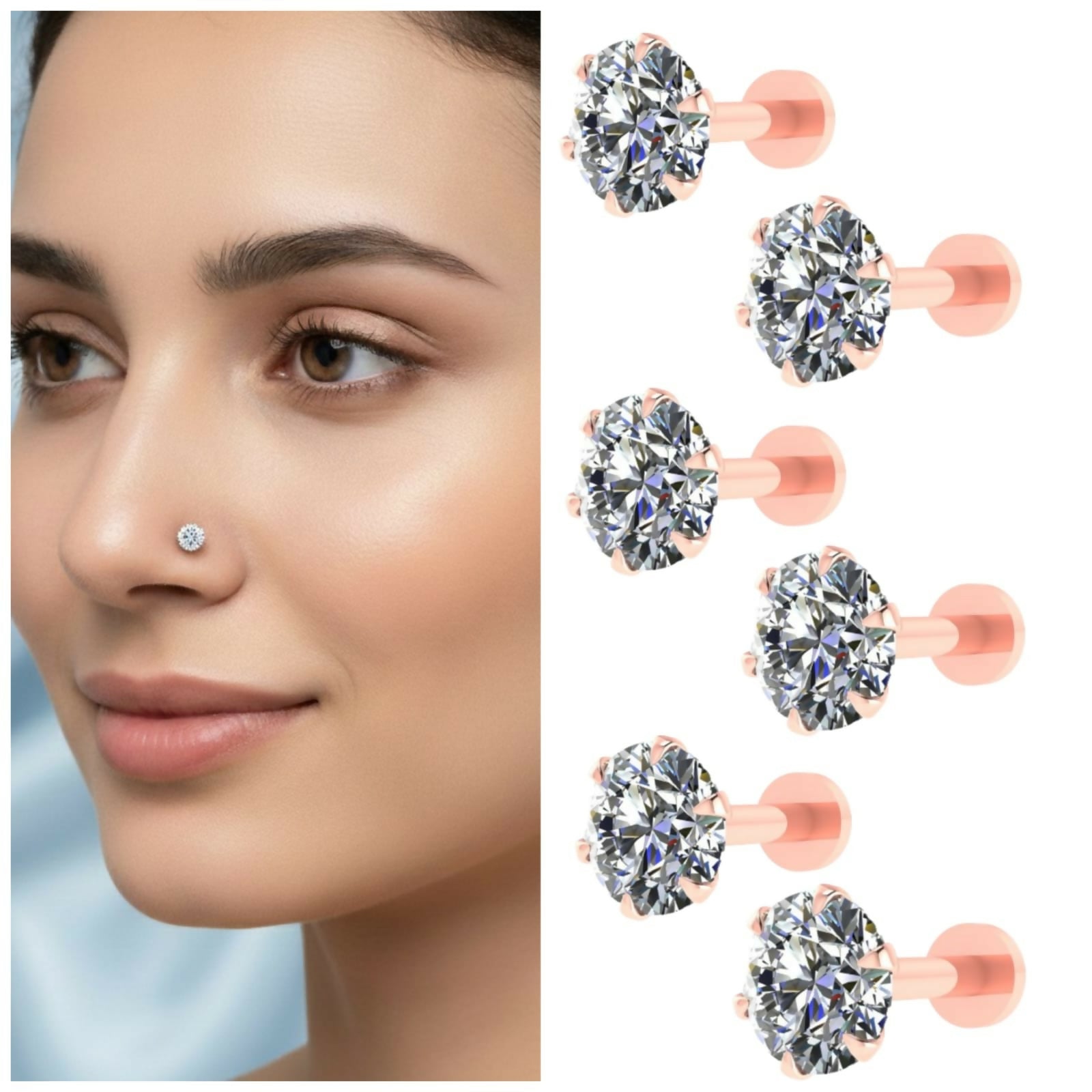 Rose Gold AD Nosepin Stud Flat Back Piercing for women and girls Combo Pack of 6