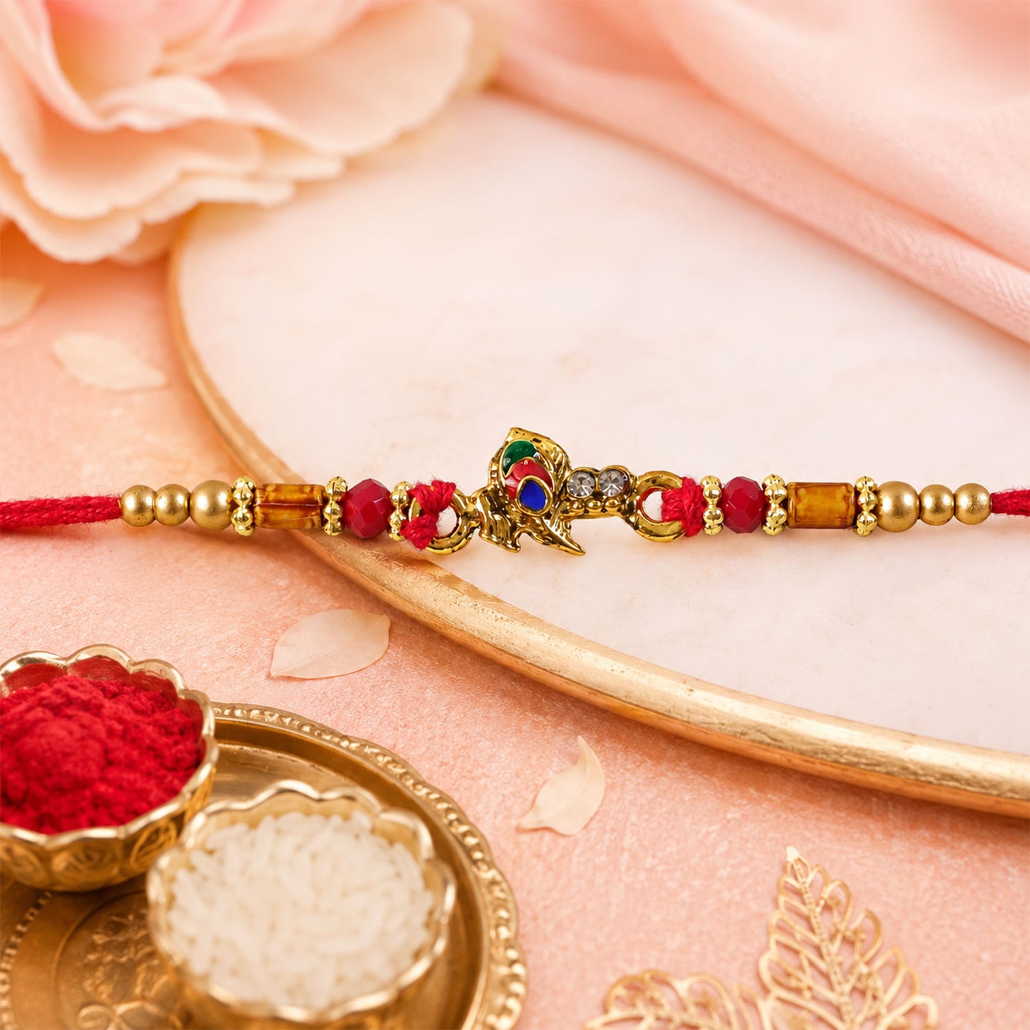 Peacock Floral Crescent Rakhi with Antique Gold Centre, Color Stones and Red Thread