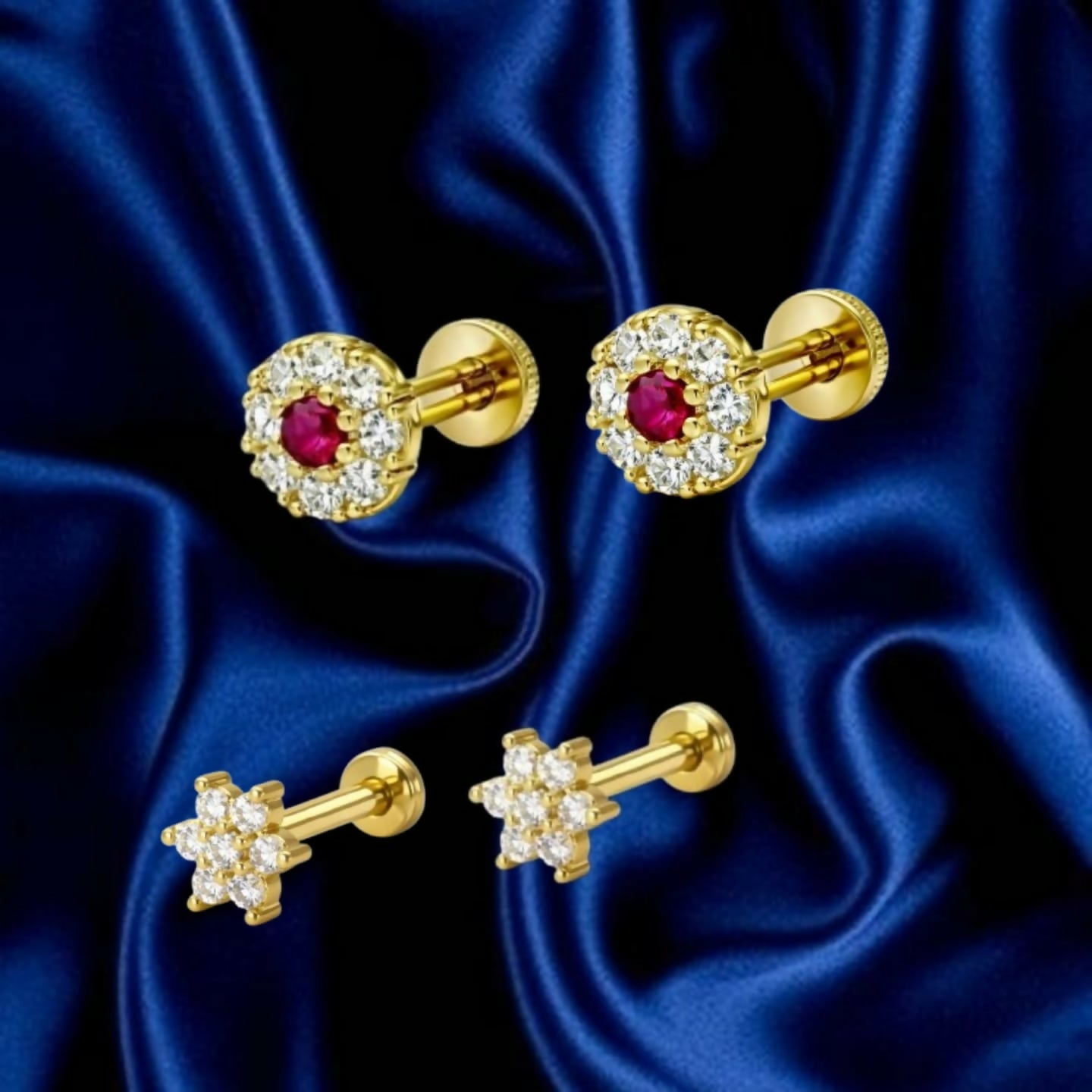 Gold plated AD stud earrings featuring sparkling crystal floral design