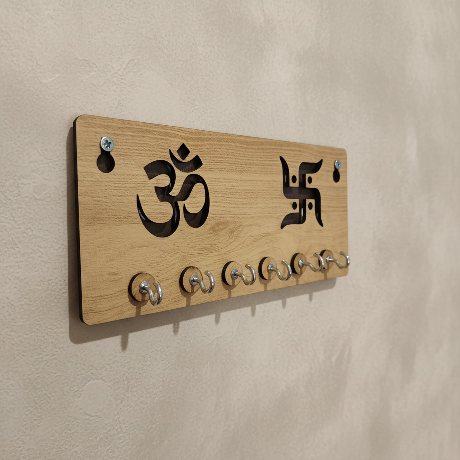 Wooden Key Holder for Wall – Om & Swastik MDF Key Organizer with 6 Hooks | Spiritual Wall Key Stand for Home Décor