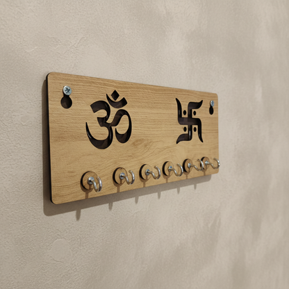 Wooden Key Holder for Wall – Om & Swastik MDF Key Organizer with 6 Hooks | Spiritual Wall Key Stand for Home Décor