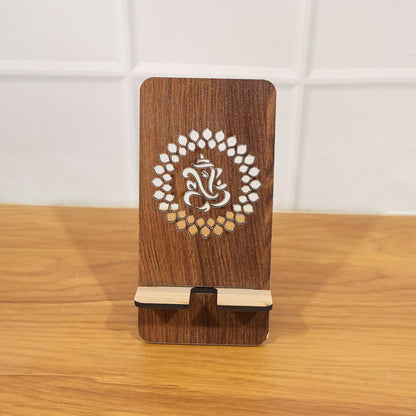 Wooden Mobile Stand with Dual-Side Ganesha Design, Reversible Foldable Phone Holder