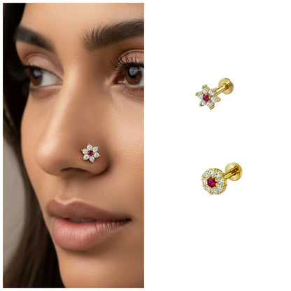 Close-up of ruby and diamond floral nosepin stud in gold plating