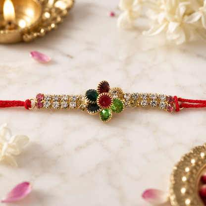 Multicolour Floral Kundan Rakhi with Red Green Center and Crystal Line