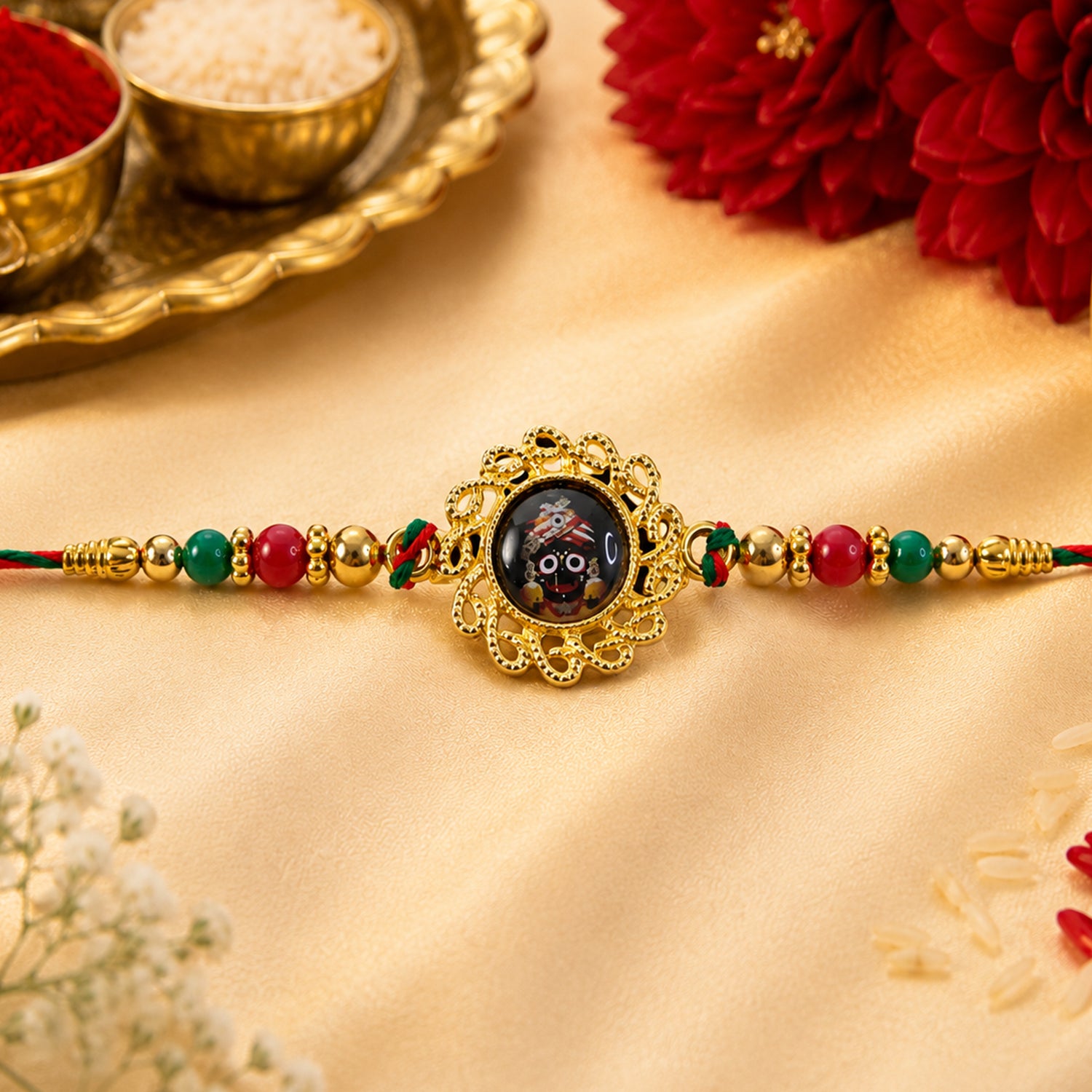 Lord Jagannath Pendant Rakhi with Red Beads