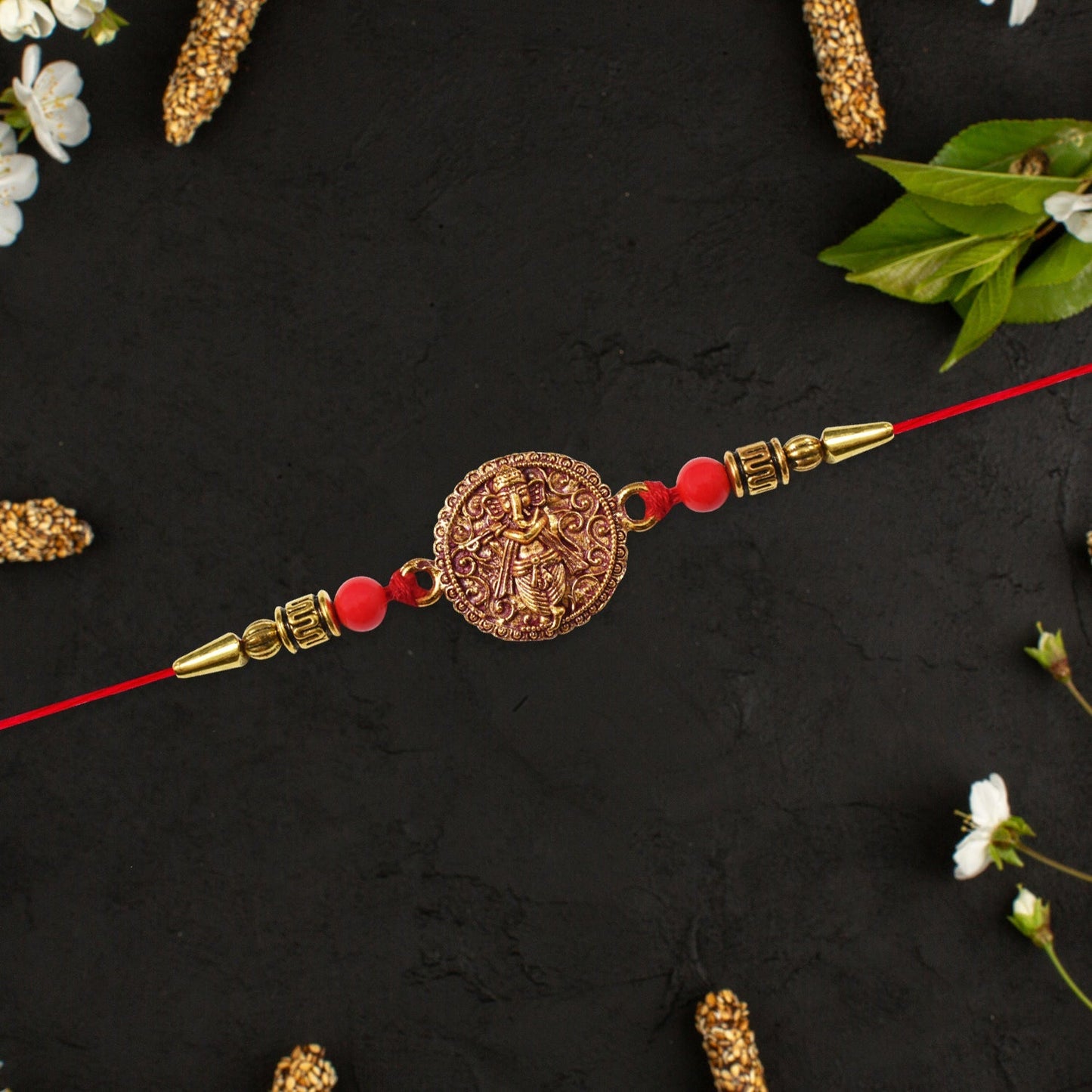Ganesha Coin Rakhi Antique Design with Vibrant Red Beads (5pcs)