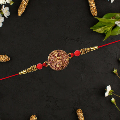 Ganesha Coin Rakhi Antique Design with Vibrant Red Beads (5pcs)