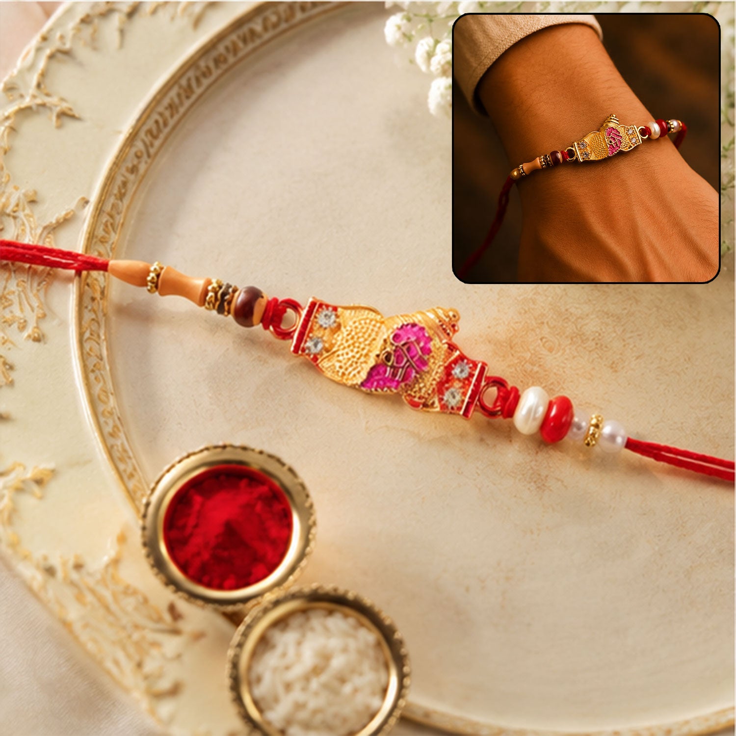 Shree Color Block Designer Rakhi with Red Beads and Pearl Detail