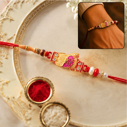 Shree Color Block Designer Rakhi with Red Beads and Pearl Detail