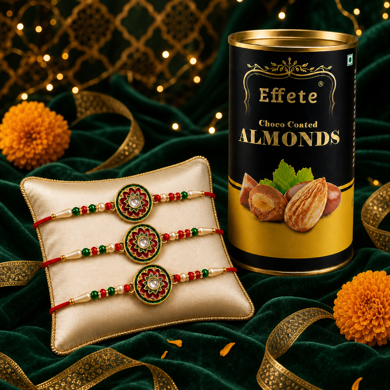 Floral Enamel Rakhi Set with Choco Almonds, Pack of 3