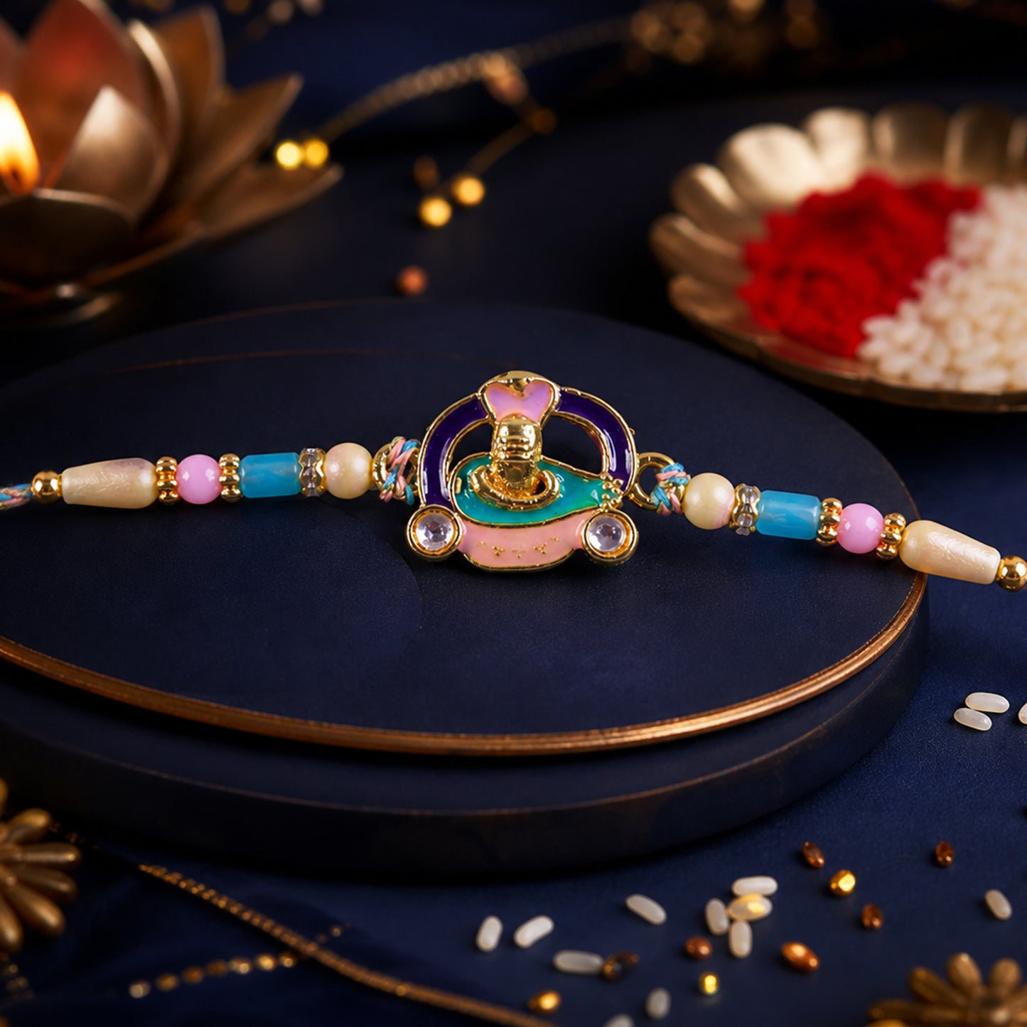 Meenakari Round Pendant Rakhi with Pastel Beads