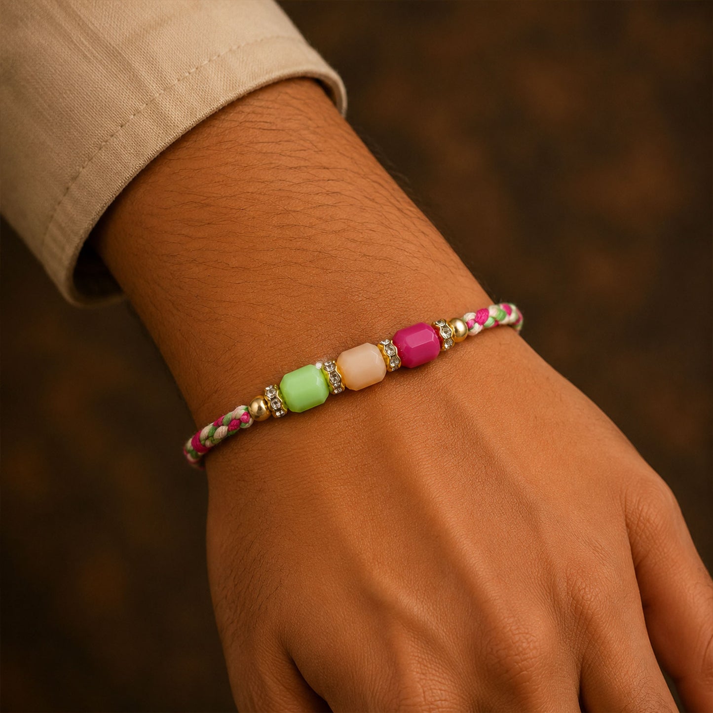Bright Macrame Bracelet Rakhi with Green Peach Pink Beads and Colorful Thread