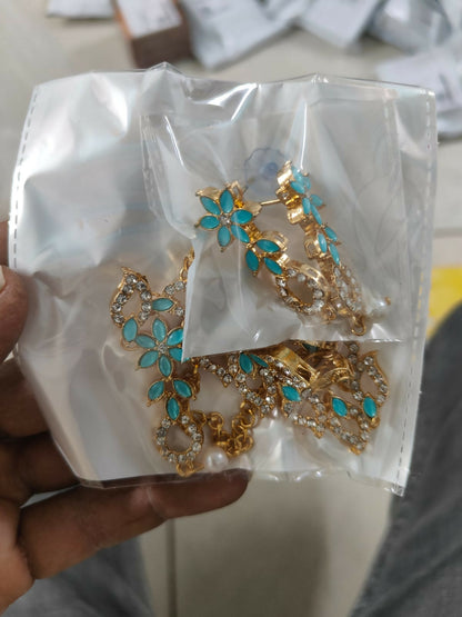 Gold-Plated Turquoise & Diamond-Look Floral Link Necklace Set