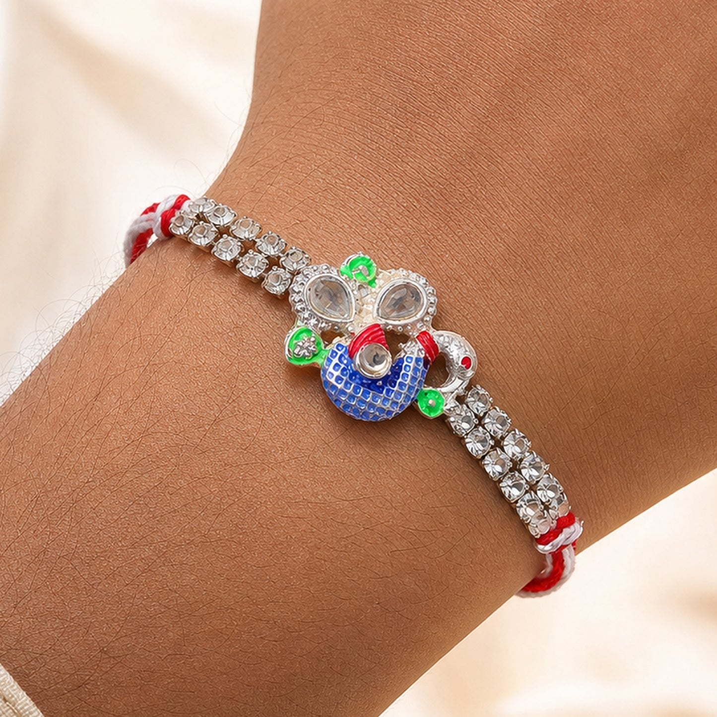 Premium Rakhi with Leaf Floral Charm, crystal accents and display look for Gift Use