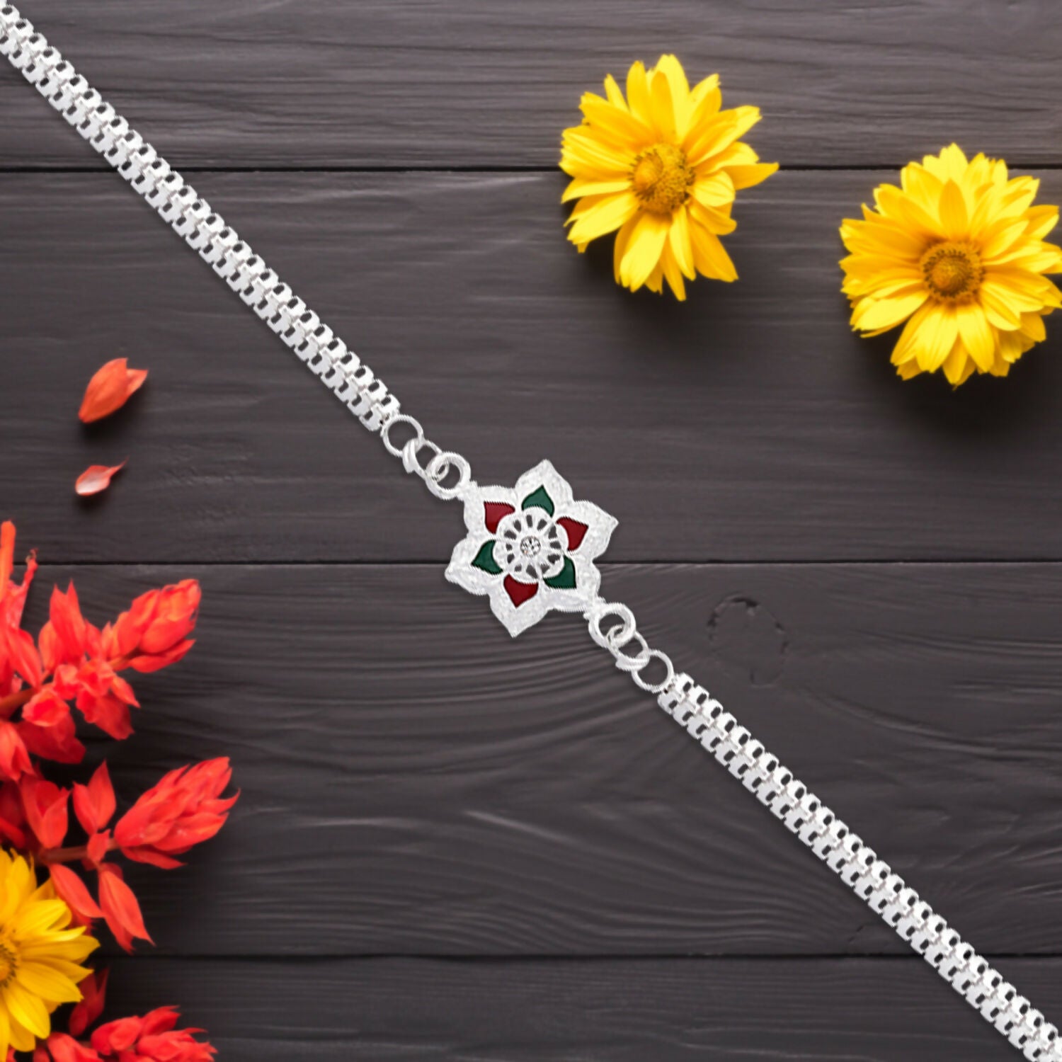 Handcrafted silver Rakhi displaying intricate craftsmanship and modern aesthetics