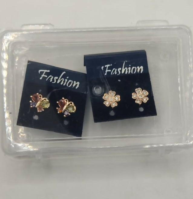 Elegant rose gold plated butterfly and flower stud earrings set displayed on white background