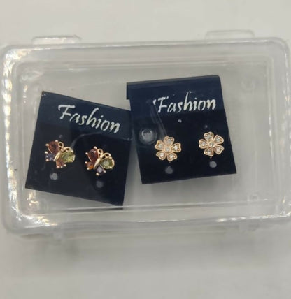 Elegant rose gold plated butterfly and flower stud earrings set displayed on white background