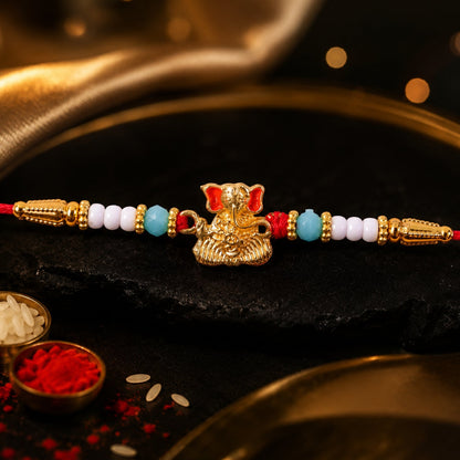 Golden Ganesha Rakhi Aqua Blue Beaded Thread for Brother (5pcs)