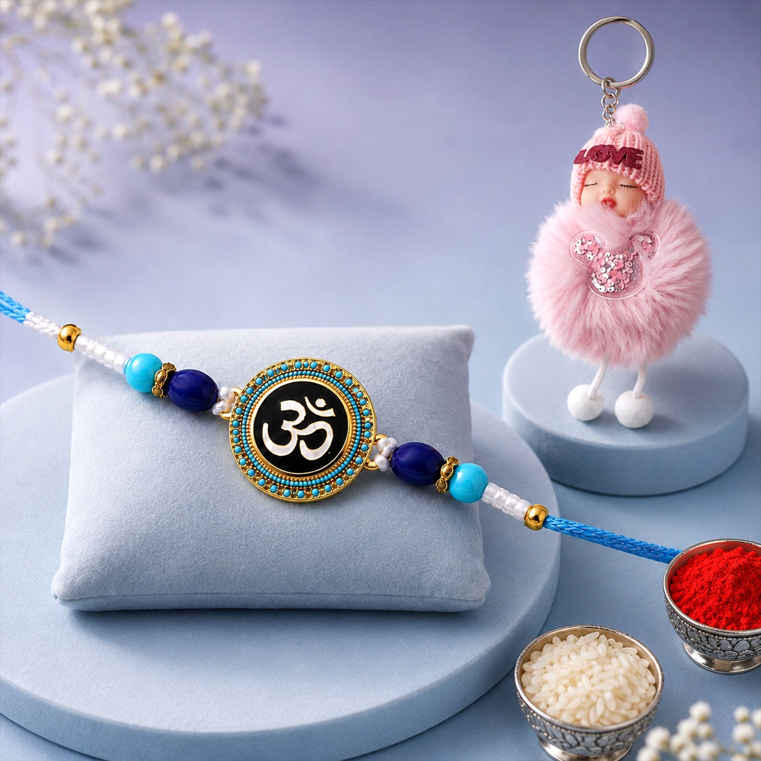 Round Om Stone Studded Enamel Rakhi with Cute Doll Keychain Combo (2 Pc)