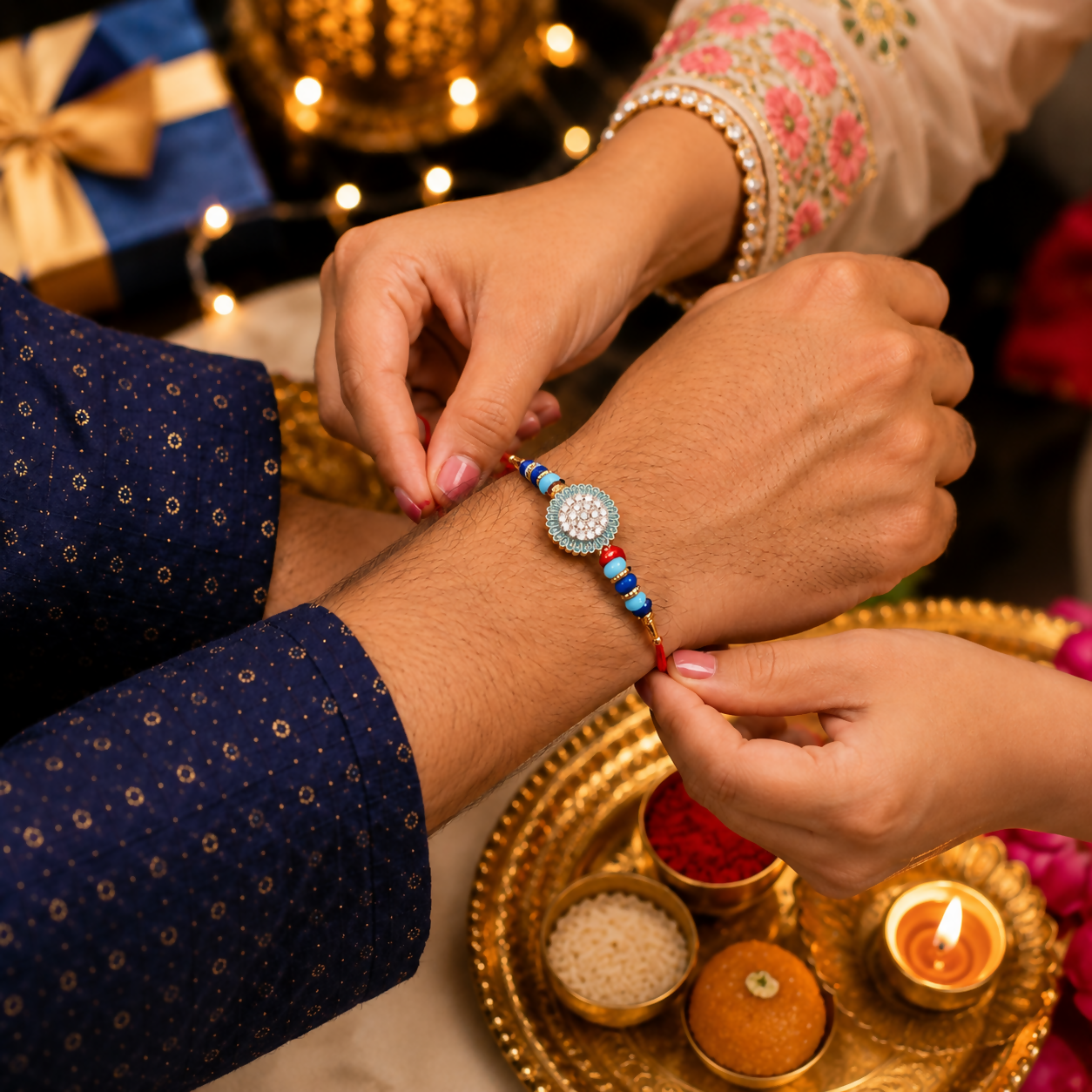 A woman's hands tie a red thread bracelet with a crystal medallion and blue beads onto a man's wrist, with a gold tray of