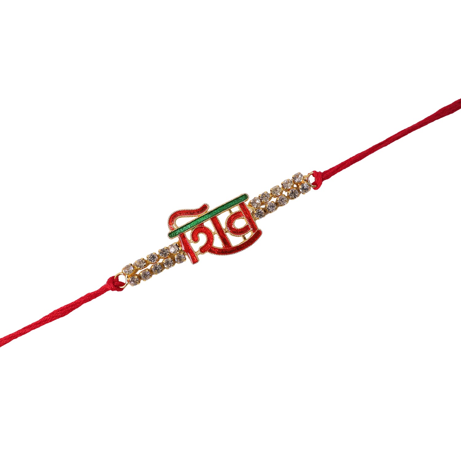 Shiv Letter Rakhi with Crystal Row and Red Mauli Thread