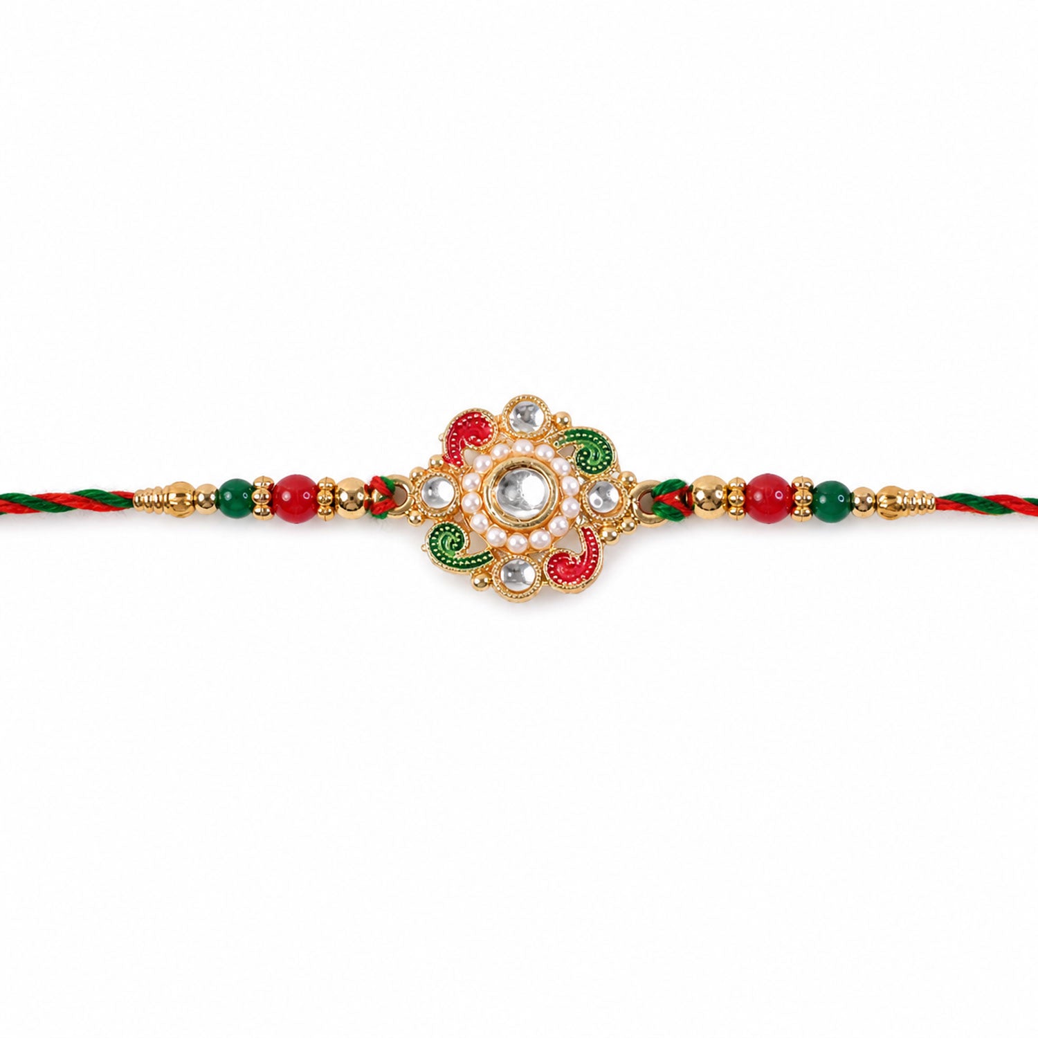 Elegant Rakhi with Floral Medallion and bead line in chain look for Gift Styling