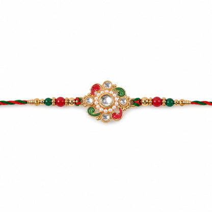 Elegant Rakhi with Floral Medallion and bead line in chain look for Gift Styling