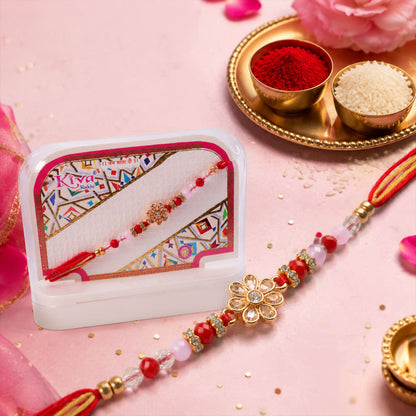 Ruby Red American Diamond Flower Rakhi for Brother, Crystal Beads Gift