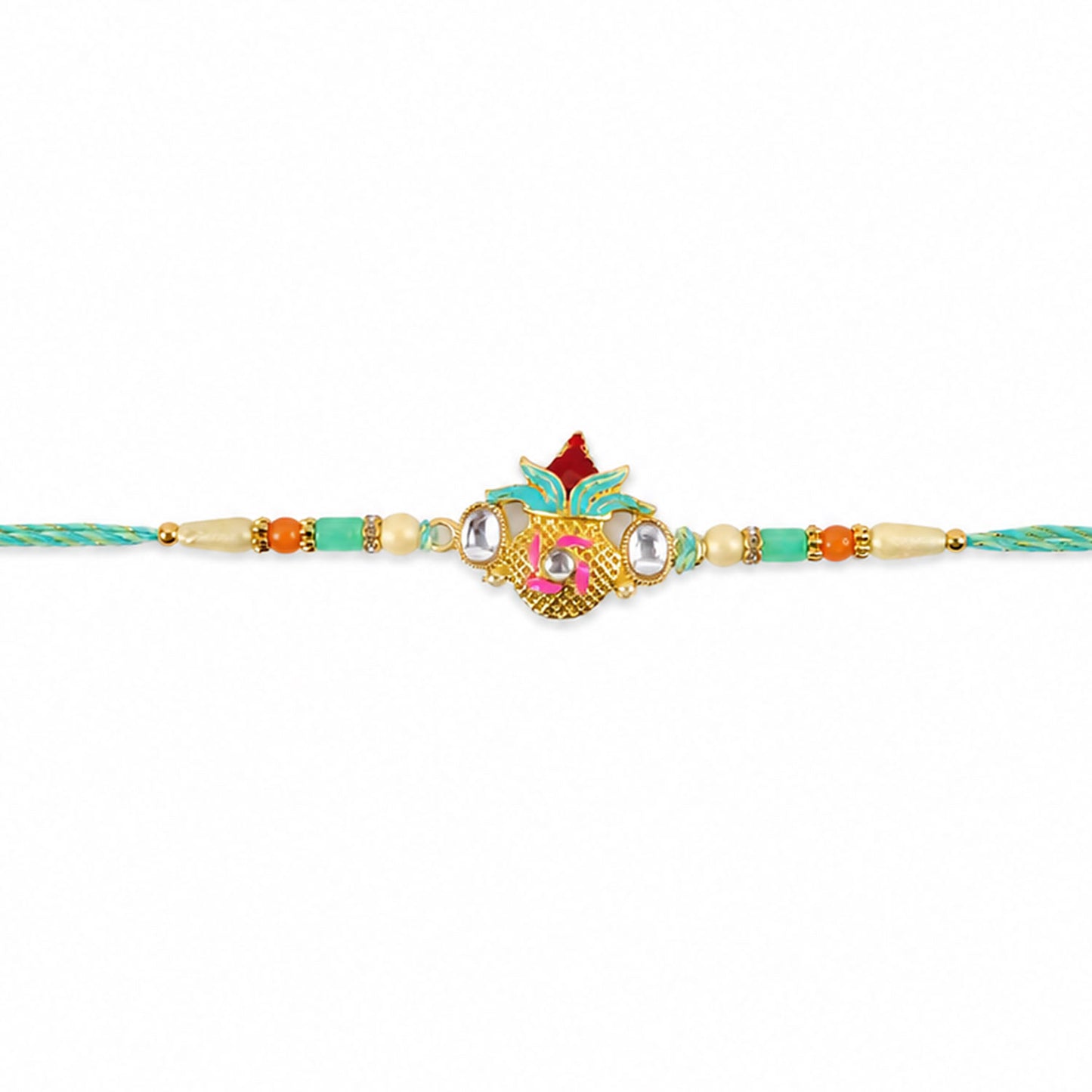 Sacred Nariyal Kalash Golden Metallic Motif Rakhi with Sea Green & Coral Beads