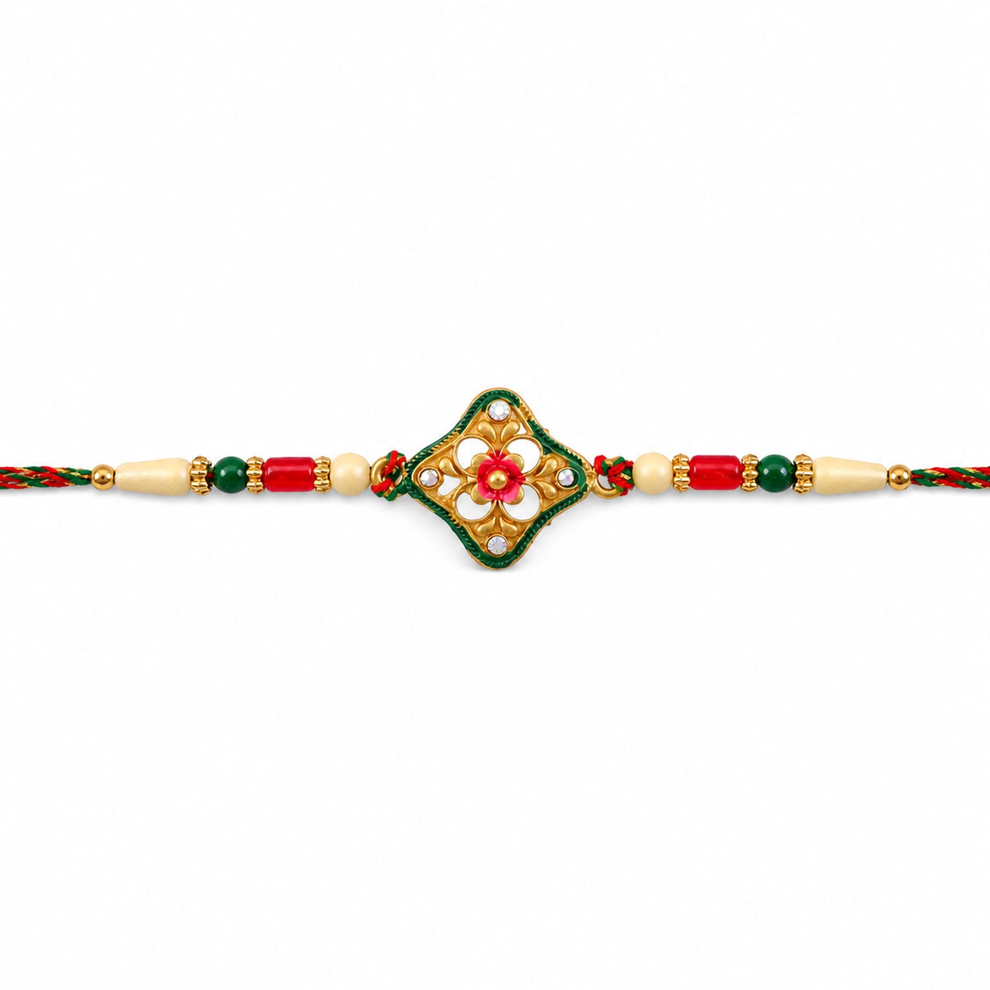 Green Enamel Kite Shaped Pendant Rakhi with Red Flower Center