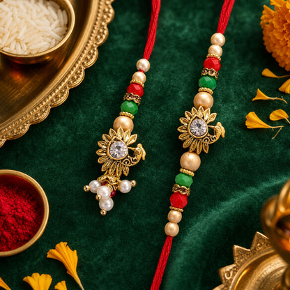 Classic Floral Motif Design Bhai Bhabhi Rakhi with Flower and Pearl Tassel for Gift