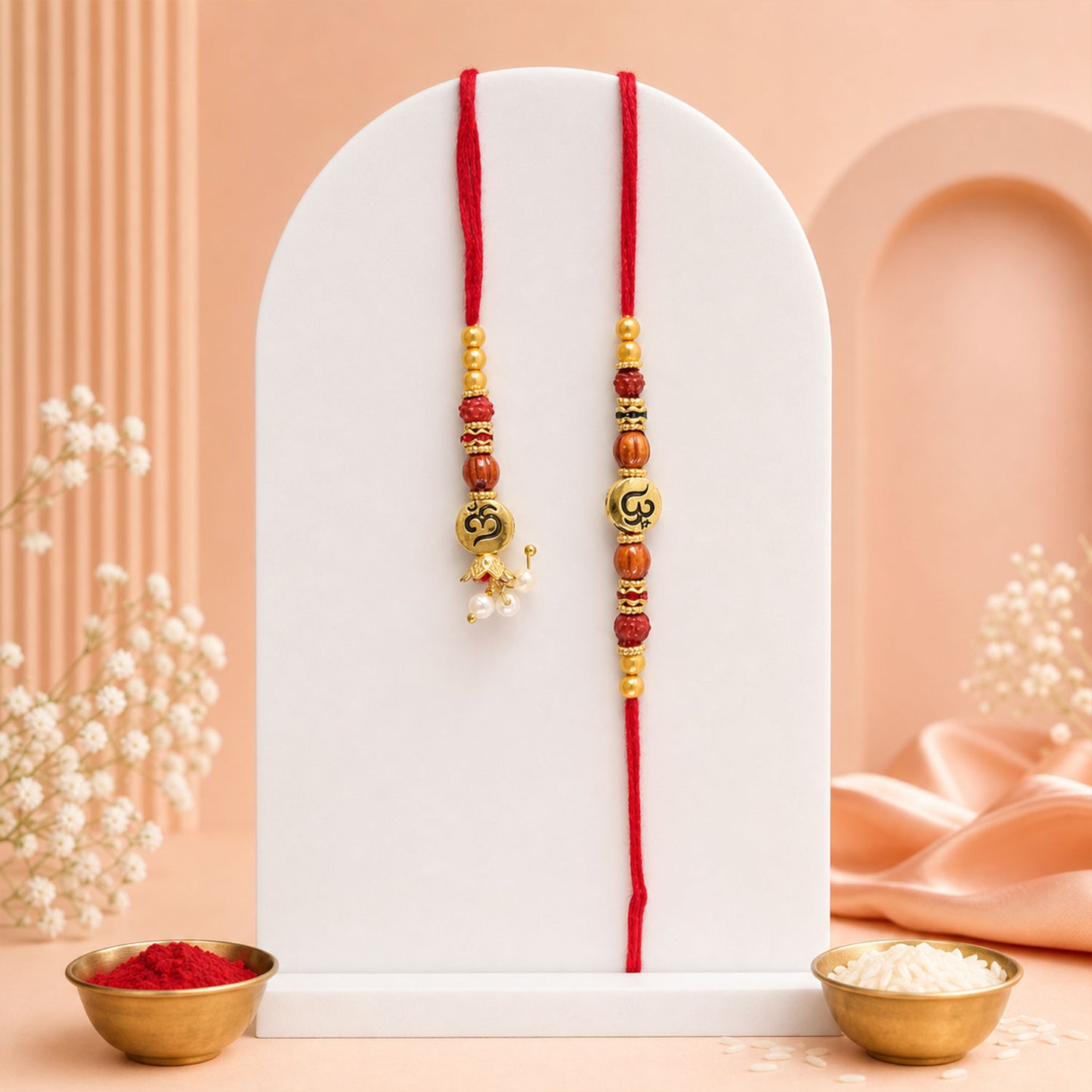 Om Motif Bhai Bhabhi Rakhi with Rudraksha Beads, Wooden Beads and Pearl Drop Charms