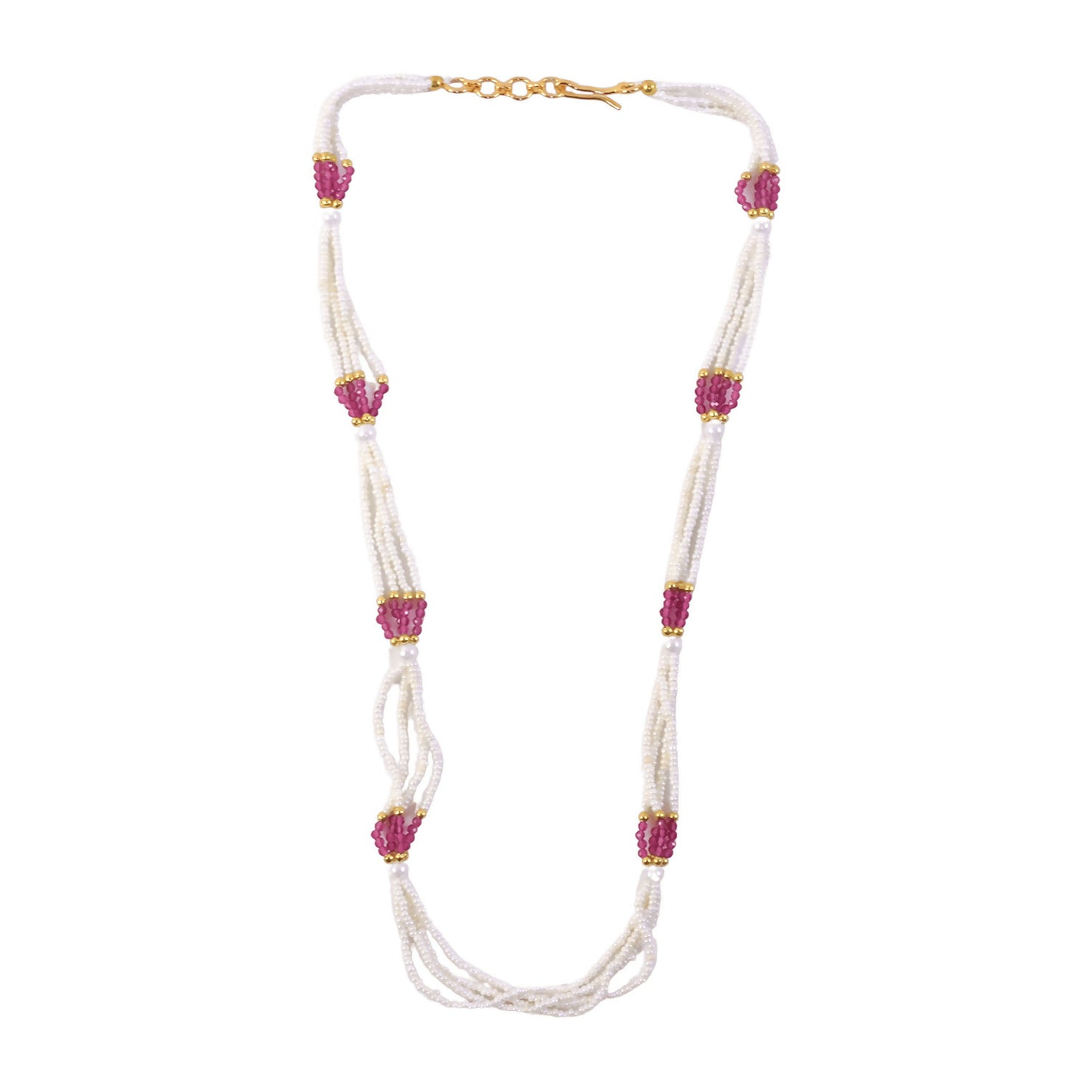 Side view of white bead mala necklace with pink traditional accents