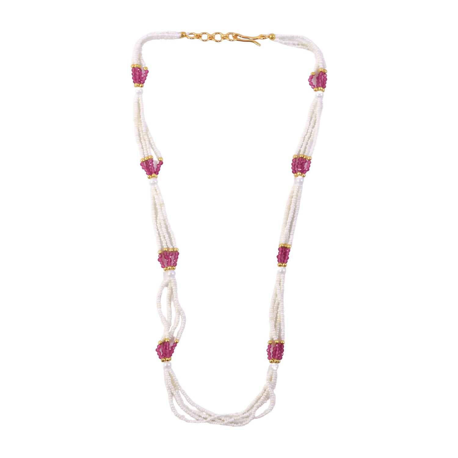 Side view of white bead mala necklace with pink traditional accents