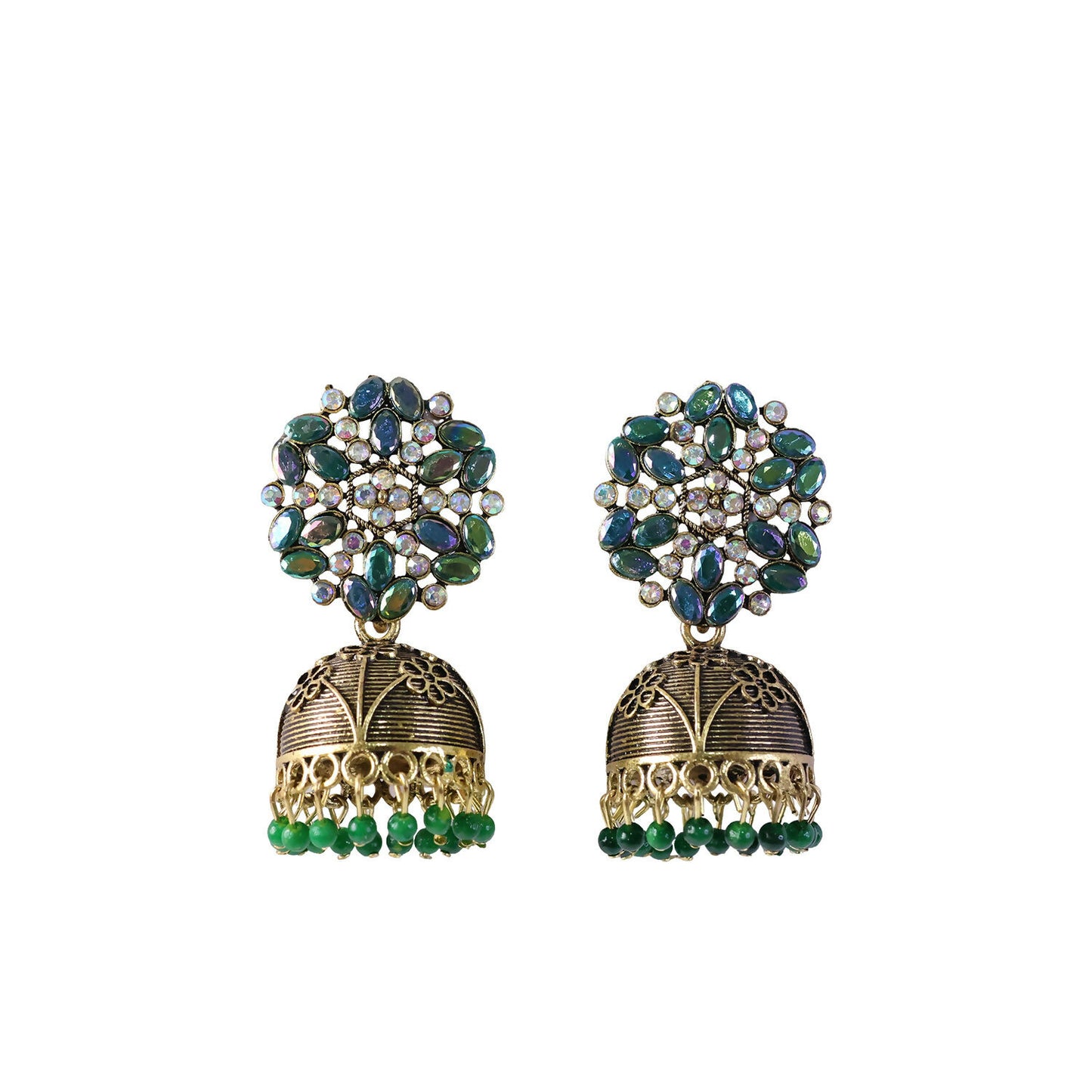 Antique golden jhumka earrings with dangling green beads image 5