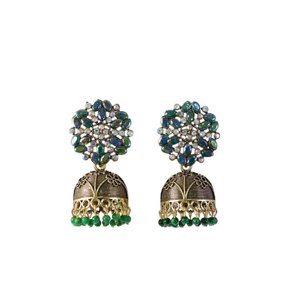 Antique golden jhumka earrings with dangling green beads image 5
