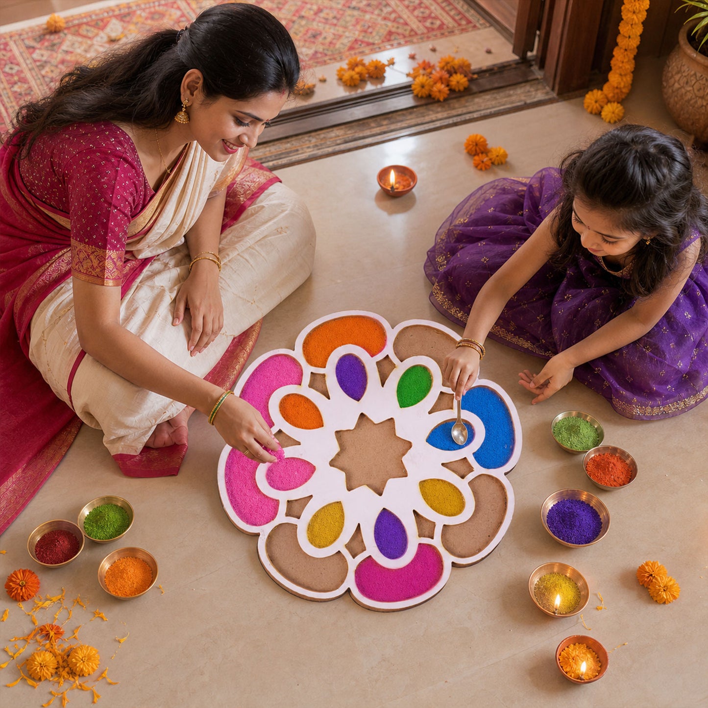 Wooden Rangoli Stencil Set with 4 Reusable Floral Designs for Diwali & Pooja Decor