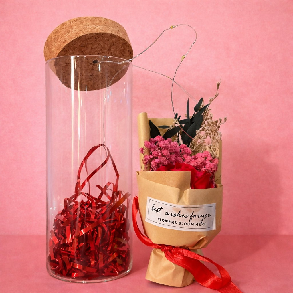LED Glass Dome Flower Bouquet Gift Jar with Cork Lid & Fairy Lights (ANY COLOR)
