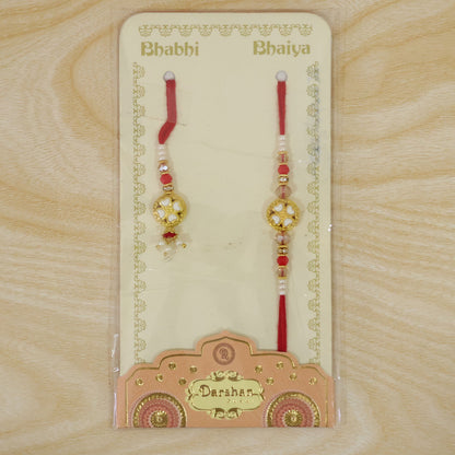 Divine Floral Medallion Bhai Bhabhi Rakhi with Flower Ring and Pearl Drops for Gift