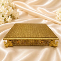 Handcrafted Golden Oxidized Design Wooden Bajot Pooja Chowki For Home Decor