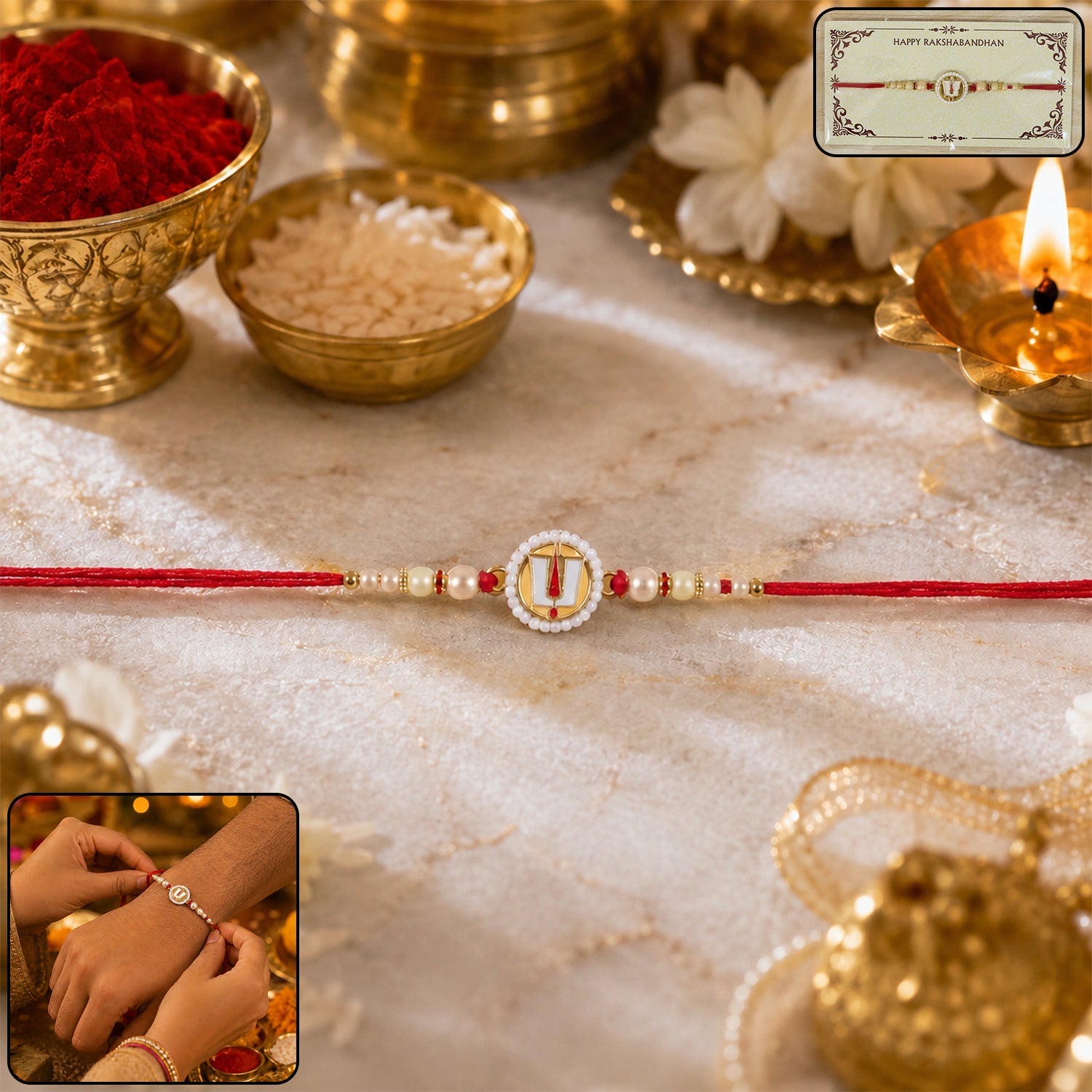 The devotional thread is laid on a textured white surface, surrounded by traditional brass bowls, a lit lamp, and white