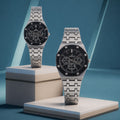 Silver Couple Watch Set with Black Dial Chronograph Style Metal Strap Design