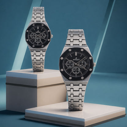 Silver Couple Watch Set with Black Dial Chronograph Style Metal Strap Design