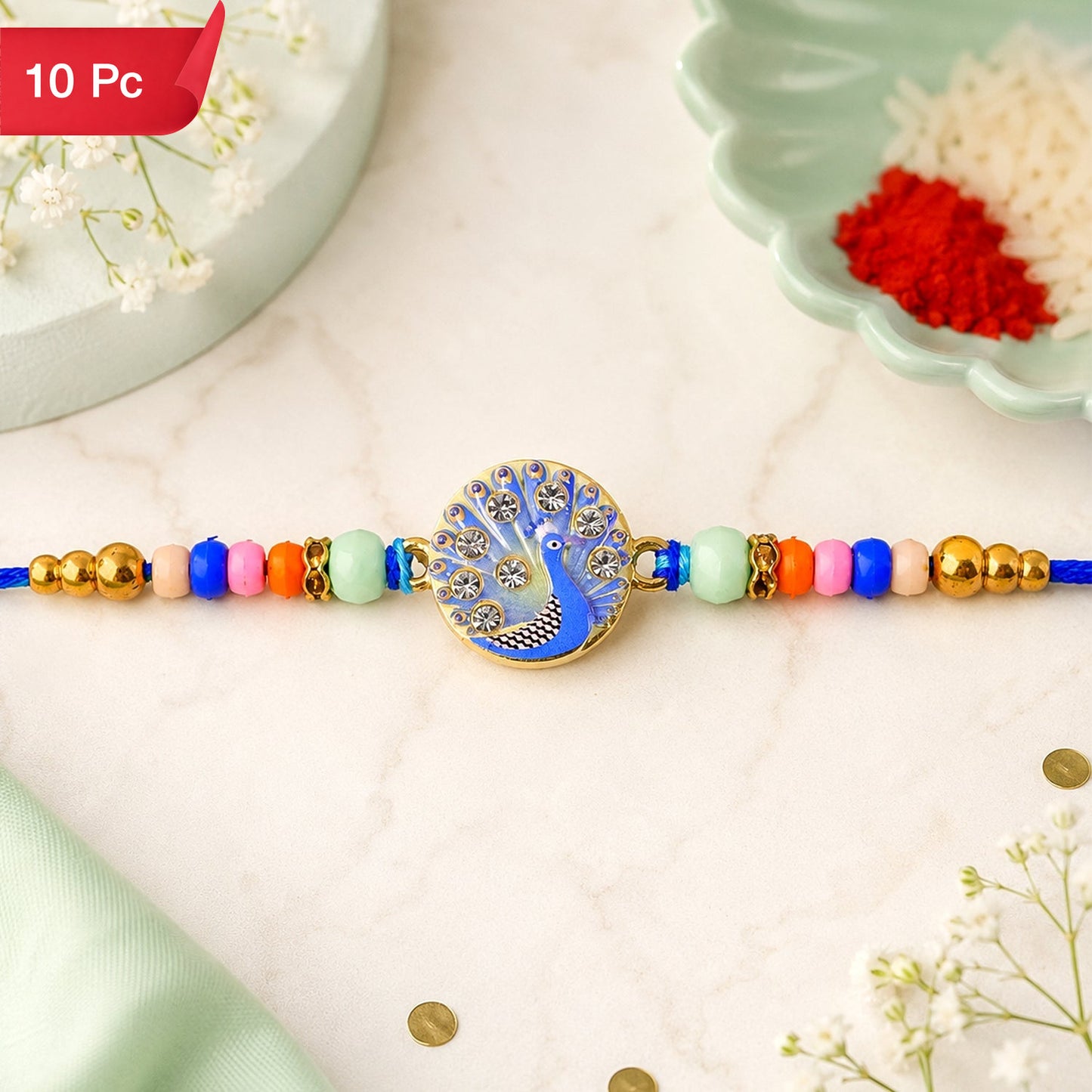 Rakhi for Brother Meenakari Peacock Crystal Beads Design (10pcs)