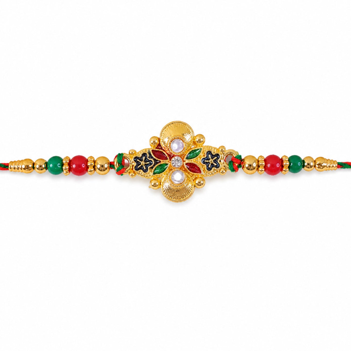 Multicolor Floral Kundan Pendant Rakhi with Red and Green Beads