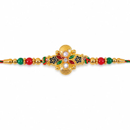 Multicolor Floral Kundan Pendant Rakhi with Red and Green Beads