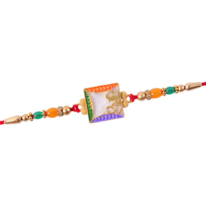 Elegant Rakhi with Square Floral Charm, bead line and chain look for Gift Styling