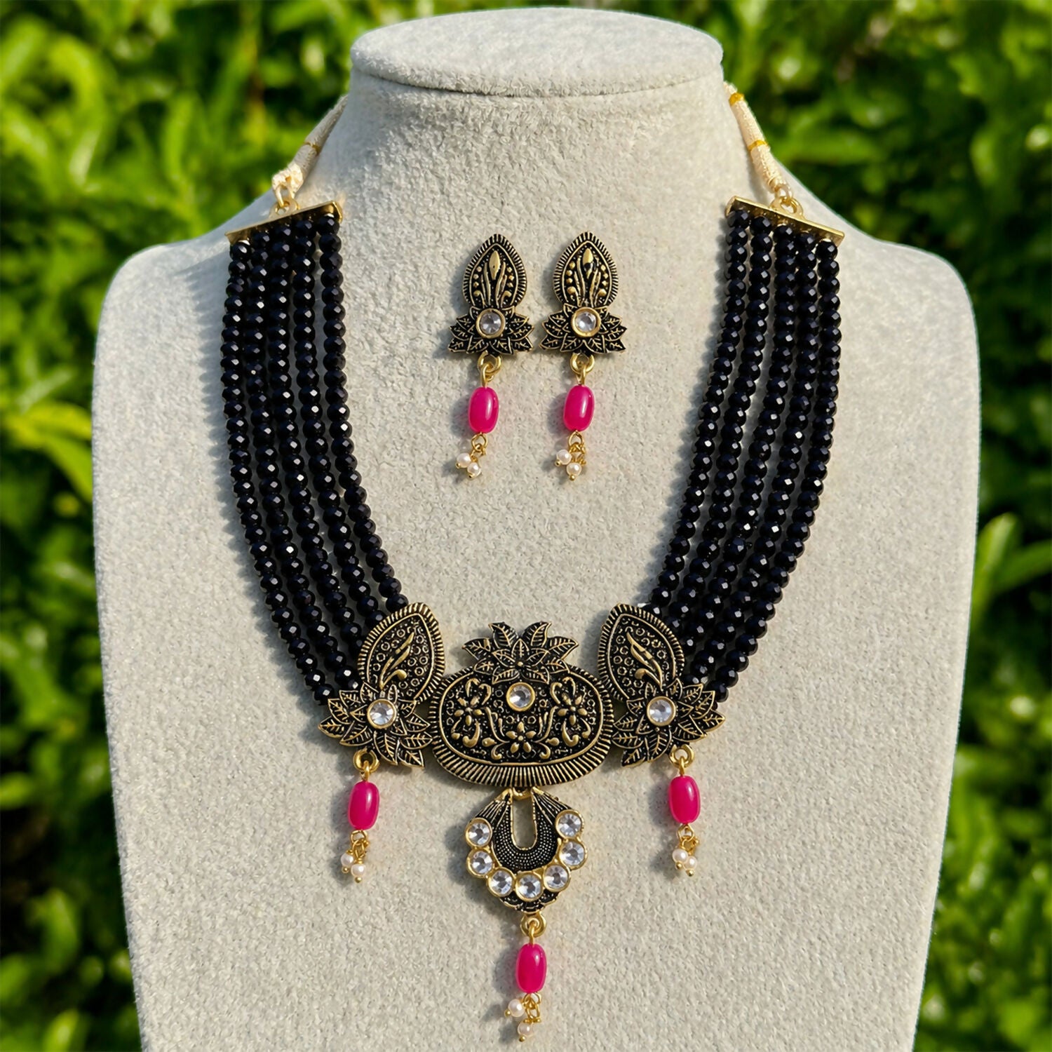 Black beaded necklace set worn with ethnic attire